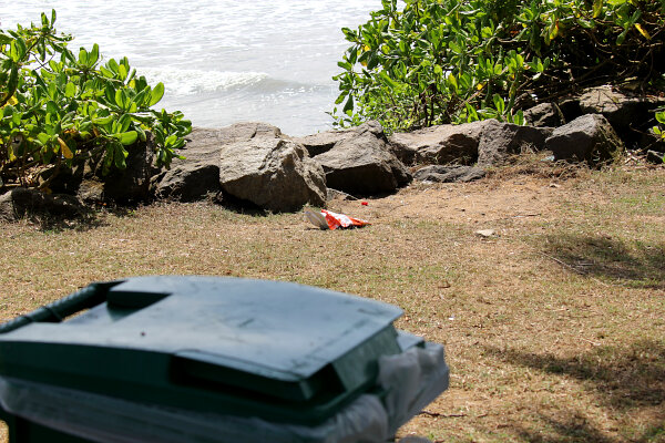 Rubbish next to trash bin